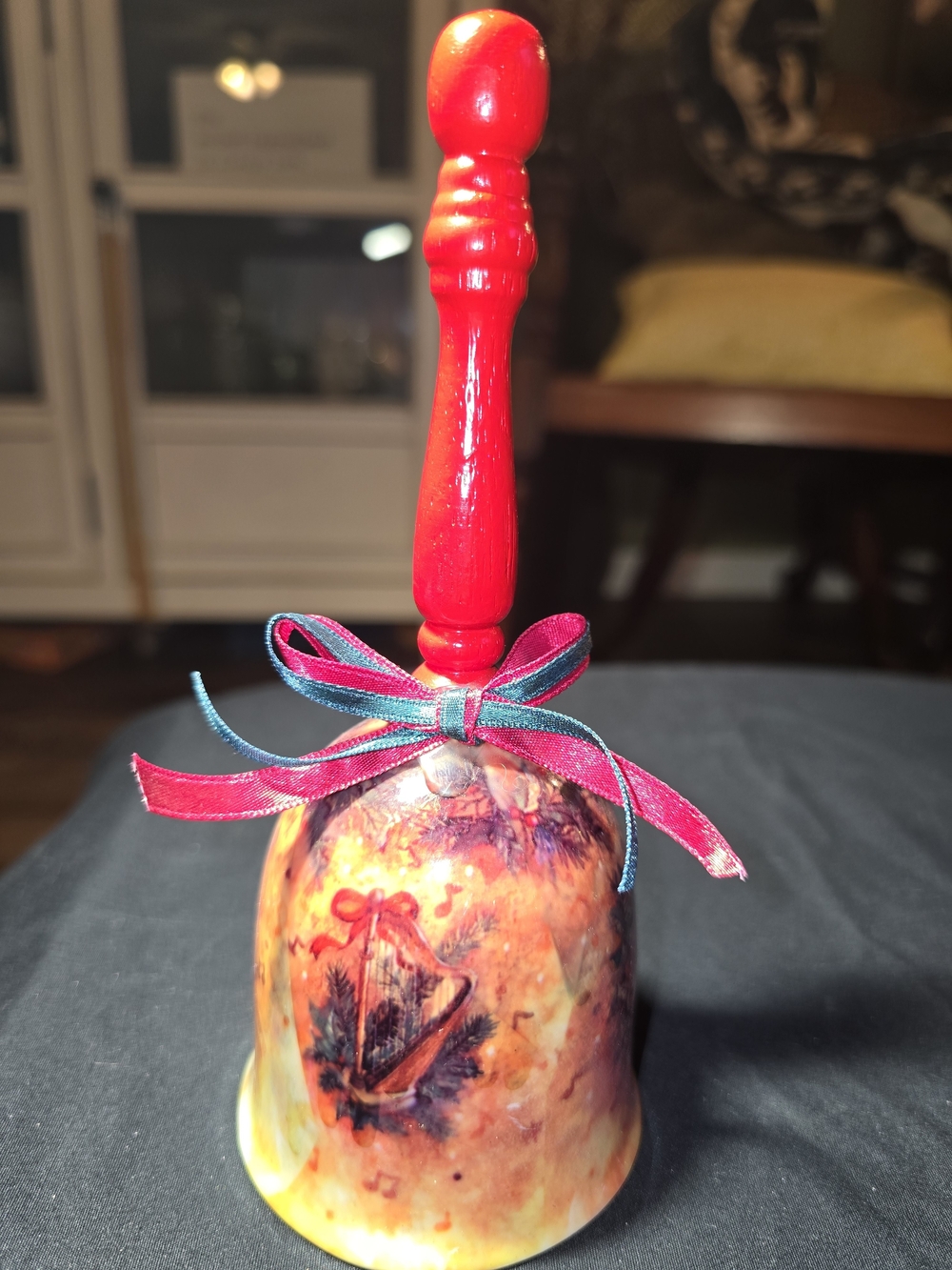 Vintage Porcelain Decorative Hand Bell with Red Handle and Ribbon and musical
